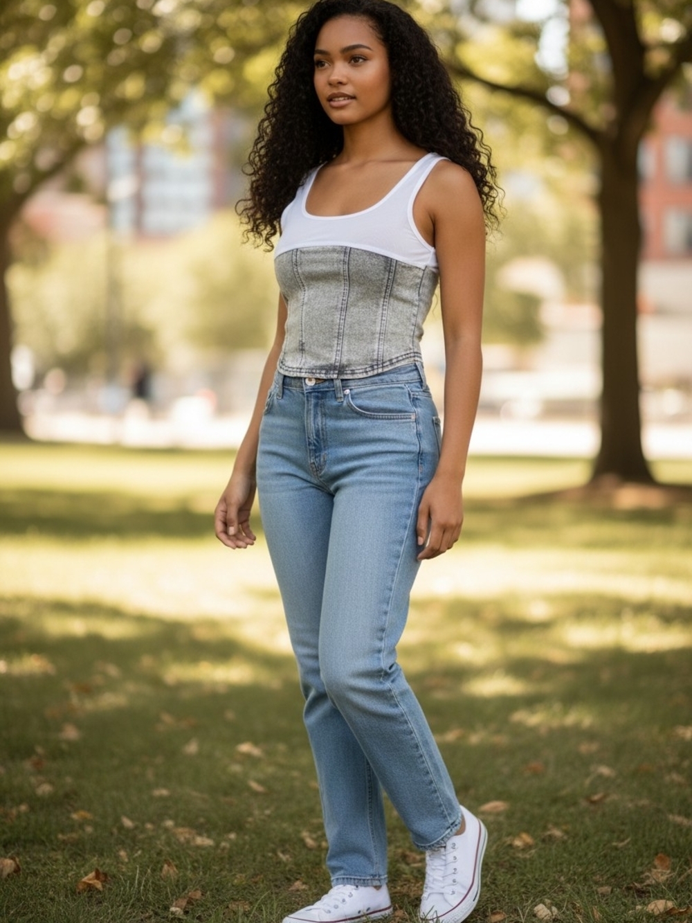 Stretch denim with sheer top crop top.
